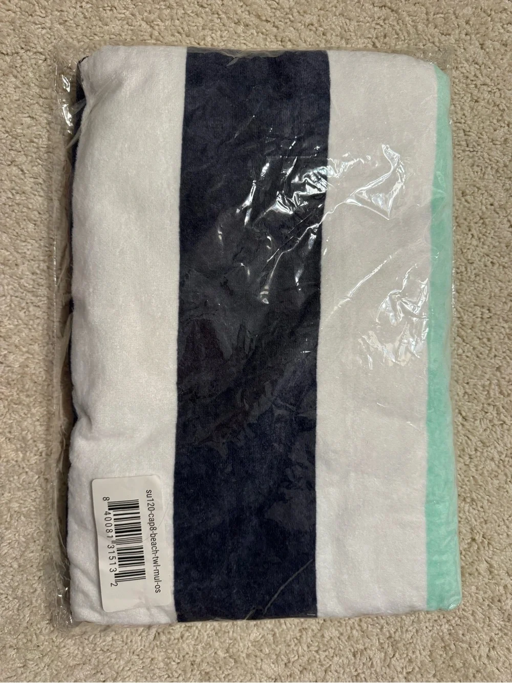 Peloton Navy White Mint Striped Bath or beach Towel NWT